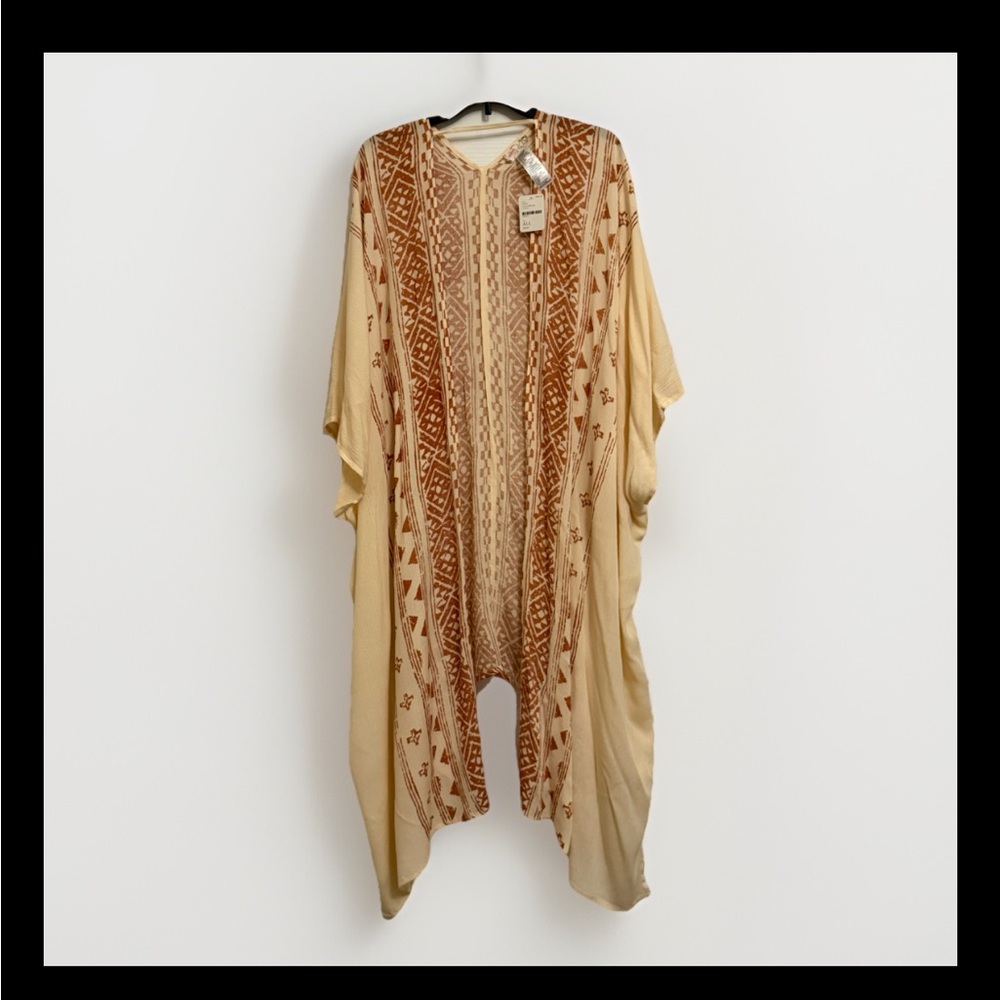 Free People Savannah Border Print Kimono Ivory Rust Boho Duster NWT OS